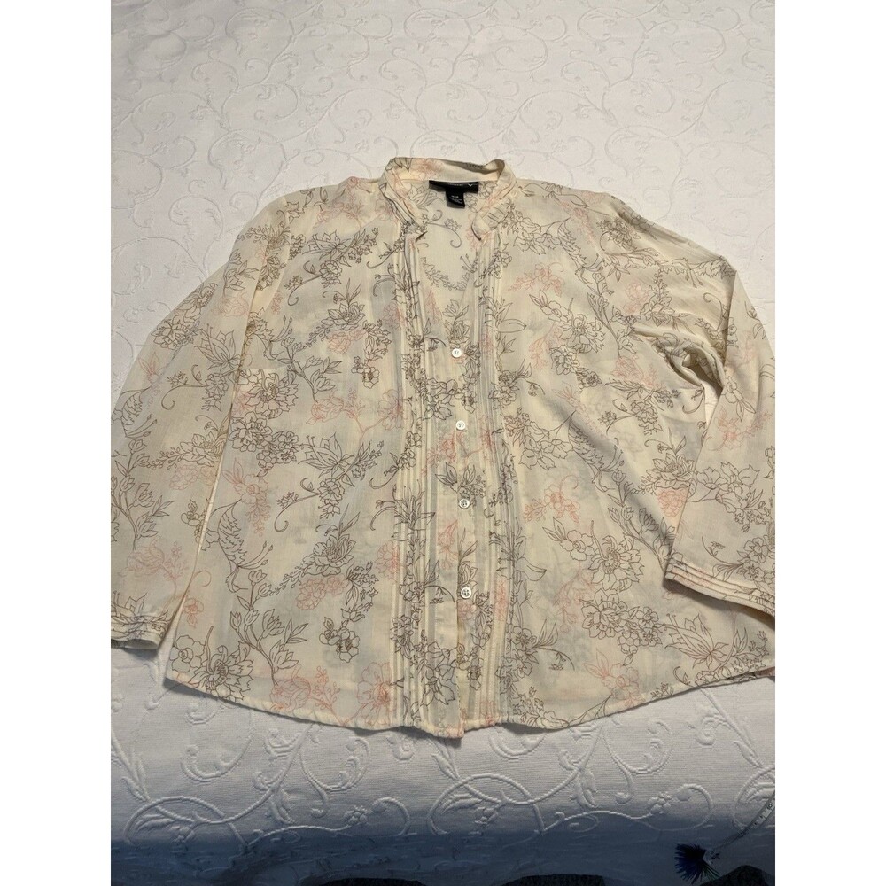 Venezia Womens 14/16 Floral Sheer 100% Cotton Pintuck Button Front Blouse Top